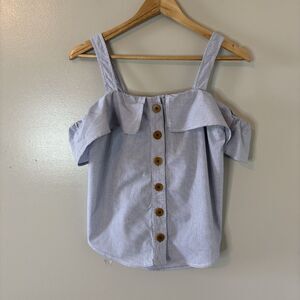 Maeve Anthropologie Blue Pinstripe Top Off The Shoulder Ruffle Button Tank Sz 4